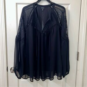 Torrid Black Chiffon lace insert balloon sleeve blouse size 2X